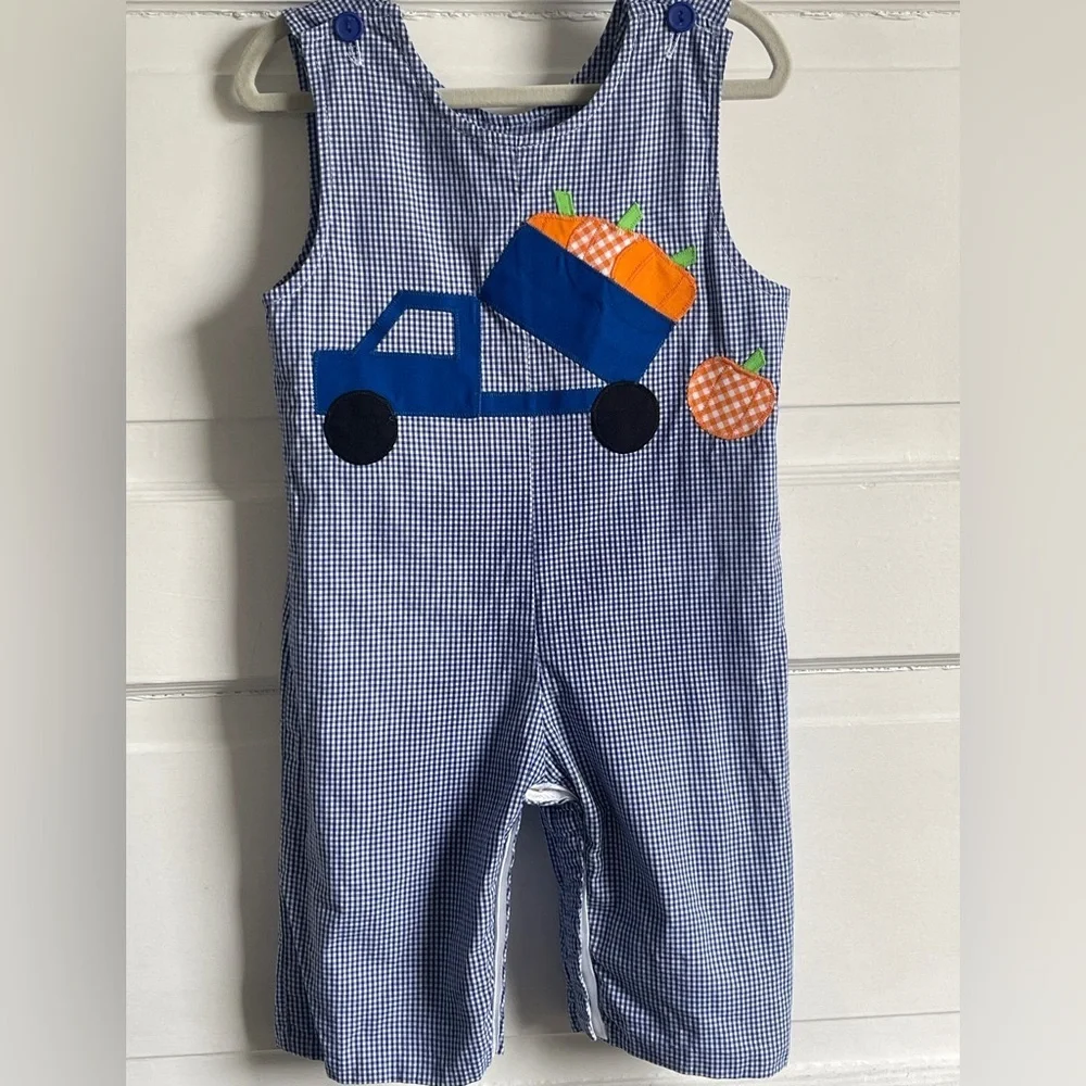 Funtasia Too Reversible 12mo Blue Checkered Overalls w/ Pumpkins & Turkey Design